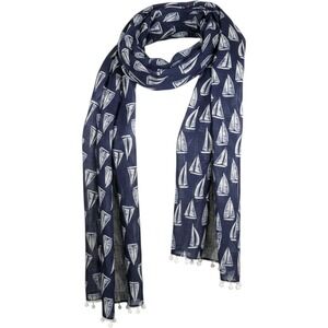 6' Anju Navy Blue Sailboat Print Cotton Scarf with White Pom Pom Trim Nautical